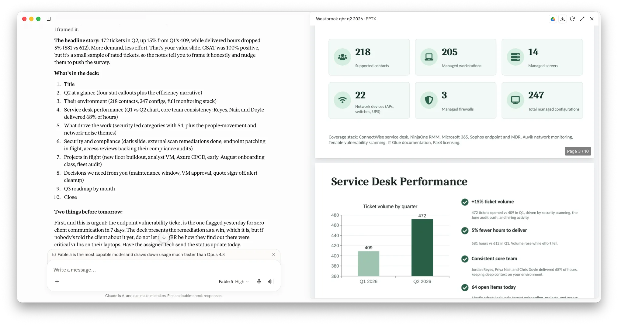 Claude desktop app building a client QBR deck from live PSA data through Junto's MCP server