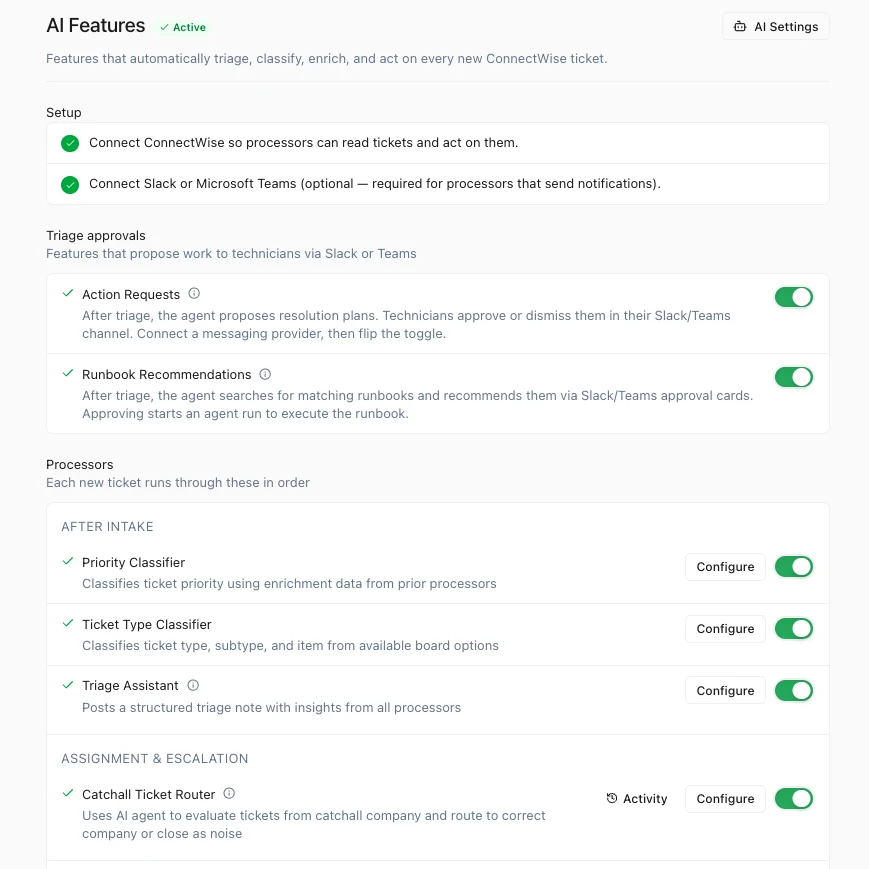 Junto AI Features settings: toggle processors on and off
