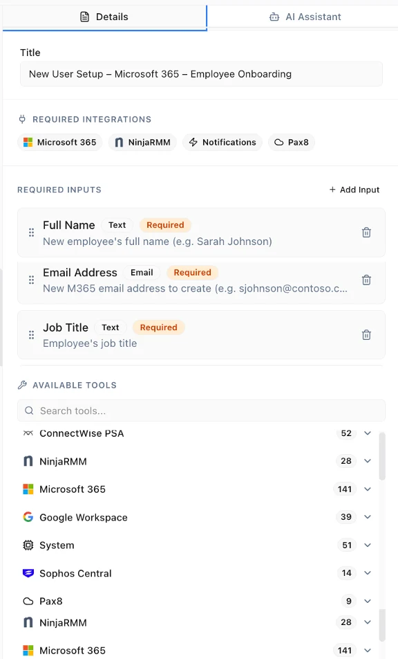 Runbook required inputs and available tools